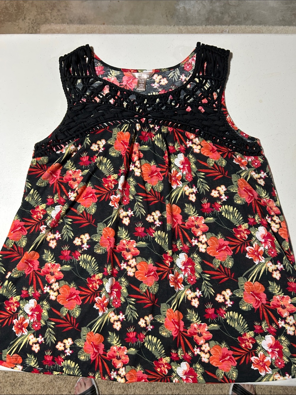 White Stag Black Tropical Floral Crochet Yoke Tank